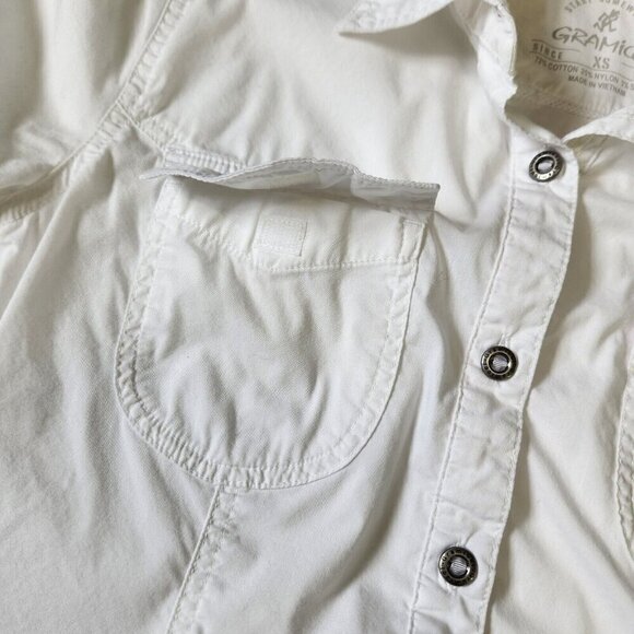 Gramicci Button Up Shirt Womens XS White Roll Tab Sleeves Ruched Sides Outdoor - Picture 6 of 11